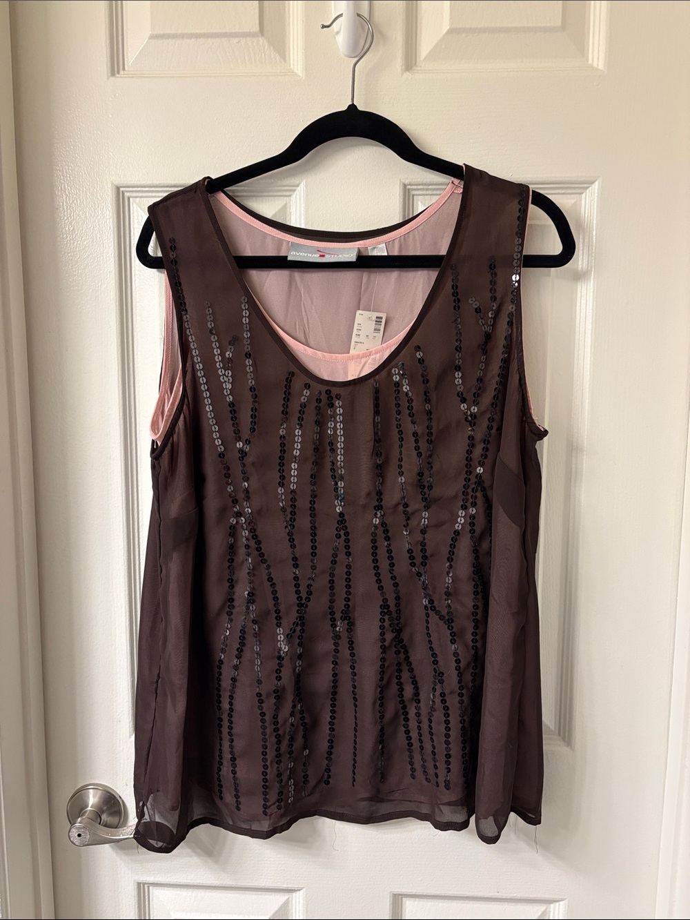Sleeveless Sequin Overlay Tank Top - Chocolate Brown with Pink Lining